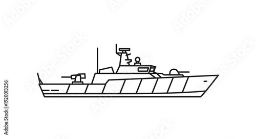 Line Art Illustration of a Military Patrol Boat with Cannons