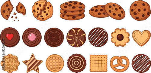 Assorted Cookie and Biscuit Vector Set with Chocolate Chip, Heart Shaped, Wafer, Pretzel, and Decorative Sweet Bakery Treats Collection