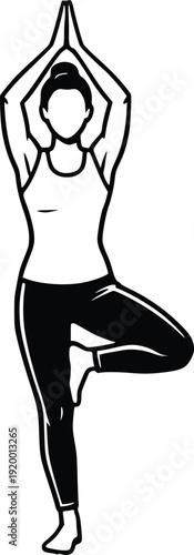 Vector Illustration of Woman in Tree Pose (Vrksasana) for Yoga, Wellness, and Fitness Concepts. Clean Black and White Graphic Art for Digital and Print Media.