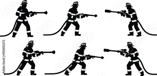 Firefighters in Various Poses with Fire Hoses black silhouettes white background