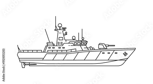 Line Drawing of a Modern Patrol Boat with Cannon, Side View