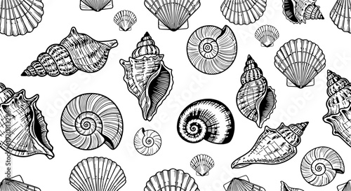 Black and white illustration of various seashells arranged randomly on a clean background viewed from directly above.