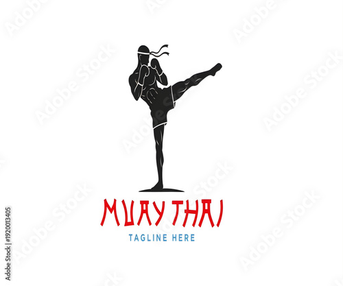 Muay thai fighter silhouette performing a high kick for logo design