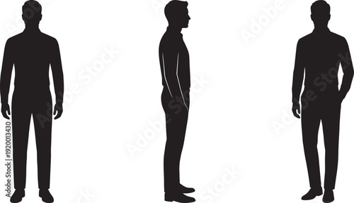 Male standing silhouette set vector illustration, front side and back view full body human figure