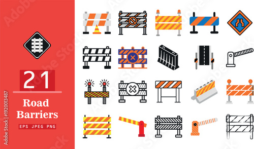 Collection of road barrier signs and construction site barriers