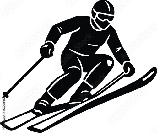 Dynamic Silhouette Vector Illustration of a Downhill Skier in Action, Black and White Graphic for Sports, Winter Activities, and Extreme Sports Themes. Isolated on White Backgro...