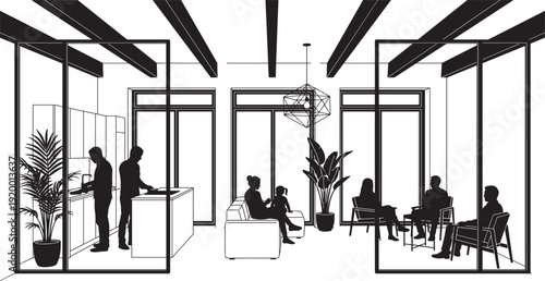 Modern office interior silhouette vector illustration, coworking workspace scene with business people meeting and collaborative corporate environment