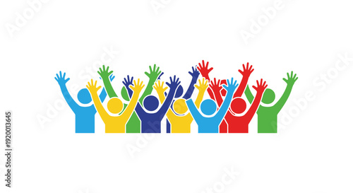 Diverse group of people celebrating together with raised hands in a joyful atmosphere from a straightforward viewpoint