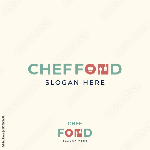 Modern pastel logo for a culinary brand, combining a chef hat, plate, and utensils into playful typography with a clean layout, soft colors, and minimalist slogan space.