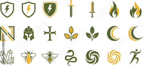 Fantasy Game Icon Set with Shields, Swords, Fire Flames, Magic Symbols, Nature Elements, and Adventure RPG Vector Illustrations Collection