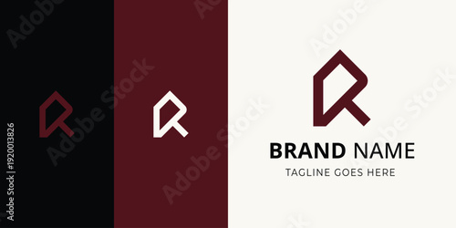 Minimalist geometric R logo with sharp angles and a deep maroon tone, shown on dark and light backgrounds, paired with bold sans-serif typography for a modern, premium brand identity.