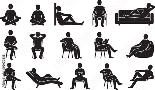 Relaxing people silhouette vector set, men sitting meditating and lying in various poses illustration
