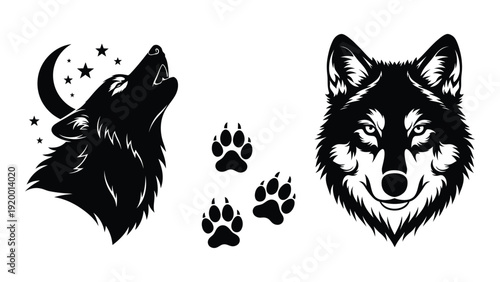 Two wolves howling under a crescent moon with paw prints in between isolated on white background, Vector