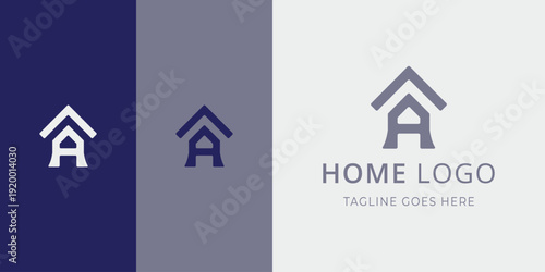 Minimalist home logo with layered roof forming an abstract house and letter A. Clean geometric lines, modern palette in navy and gray, suitable for real estate or housing brands.