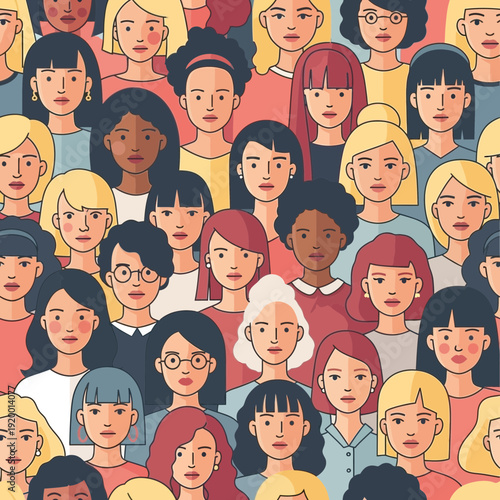 Diverse crowd of women with different hairstyles and expressions standing together in a colorful illustration of unity and individuality in a modern community setting with varied skin tones