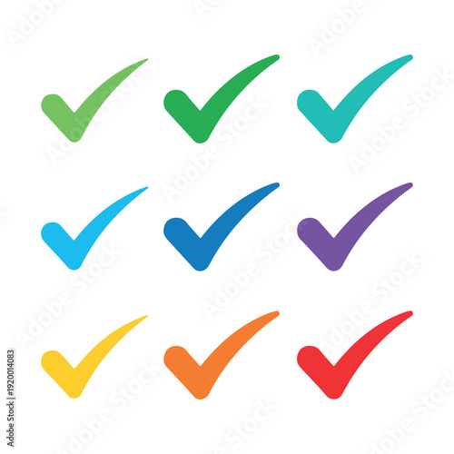 Multicolored checkmarks isolated on white background for approval symbols