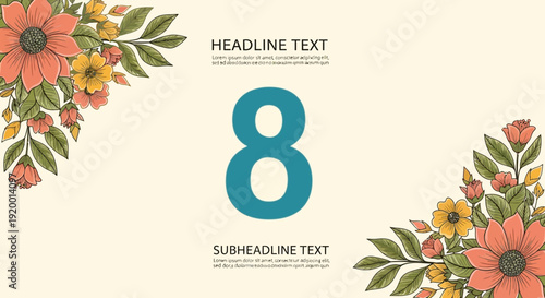 Floral template with number eight and sample text for design projects featuring colorful flowers and leaves on a beige background