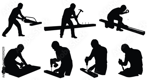 Construction and carpentry worker silhouettes set