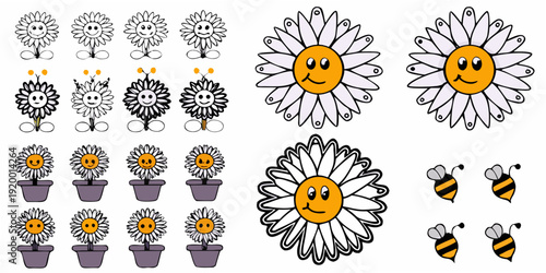 Cartoon daisies with smiling faces and buzzing bees in a playful scene