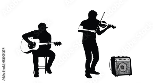 Guitarist and violinist musician silhouettes set