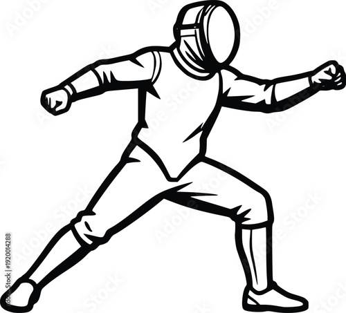 Dynamic Fencing Sport Vector Illustration: Athlete in Action Pose, Black and White Line Art for Sports Graphics, Competition Branding, and Athletic Design Projects