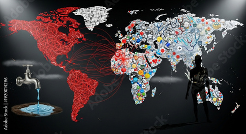 Global water crisis concept with dripping faucet and person holding watering can on colorful world map