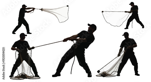 Fisherman casting fishing net silhouettes set
