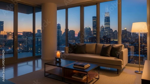 Modern living room with city view at dusk and cozy lighting  