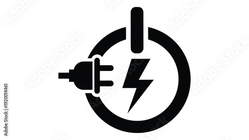 A black and white icon of a power plug with a lightning bolt inside a circle isolated on white background, Vector