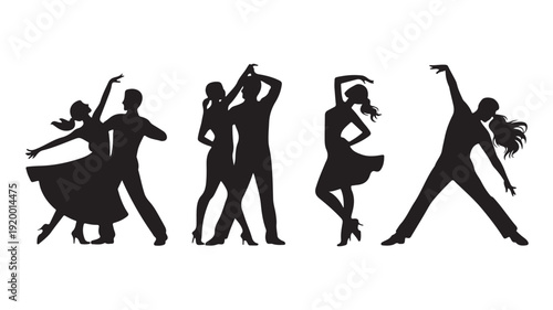 Silhouette Vector Illustration Of Dancing Couples In Various Ballroom Dance Poses For Salsa And Latin Dance Marketing