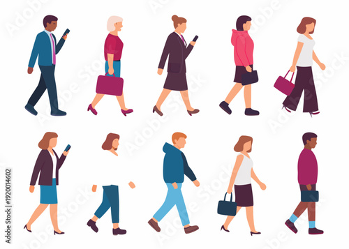 Diverse group of people walking in a city various outfits and styles