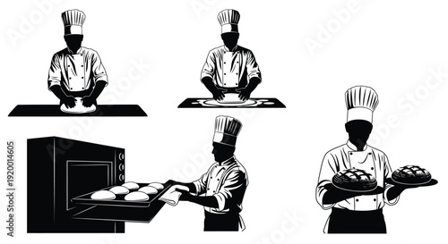 Chef cooking and bakery silhouettes set