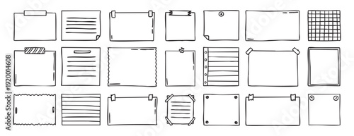 Notepad doodle messaging set, sticky note, hand drawn clipart for memo, reminder message office school label, stationery writing pad