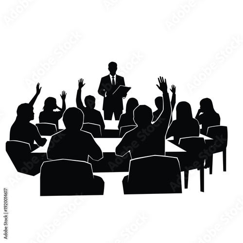 Business meeting with participants raising hands in discussion