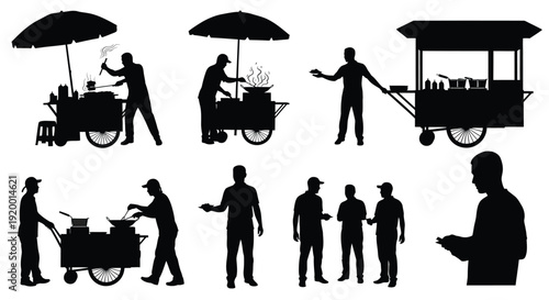 Street vendor and food cart silhouettes collection