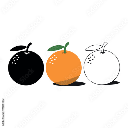 Tableau sur toile Three stylized oranges in black orange and white with leaves and shadows