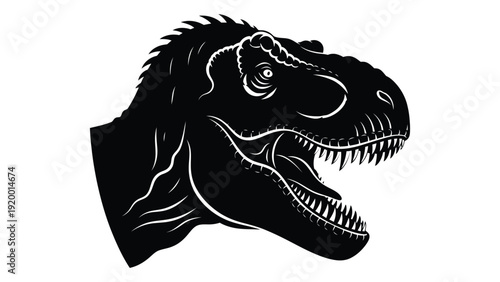 A detailed black and white illustration of a dinosaur head with sharp teeth. isolated on white background, Vector