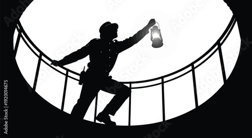 Man holding lantern walking in dark silhouette