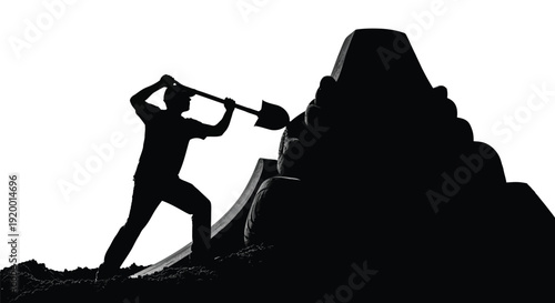 Worker breaking rock with hammer silhouette