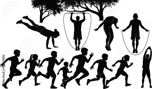 Diverse People Silhouettes Exercising and Playing Outdoors
