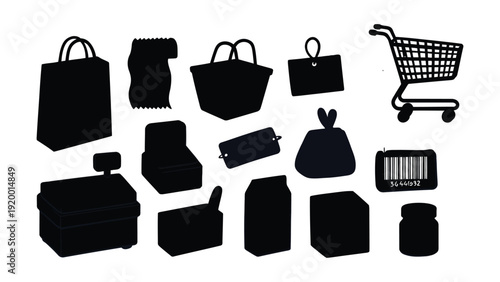 A collection of black silhouettes of shopping bags and packaging