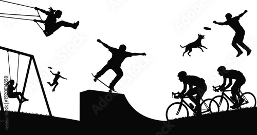 Dynamic Silhouettes of People and Dogs Engaging in Sports