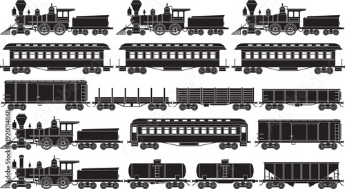 Vintage steam train silhouettes vector collection, railway locomotive and cargo passenger wagons side view set
