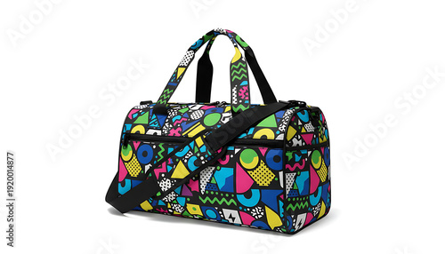 Colorful duffel bag with geometric pattern on white background isolated isolated on a transparent background