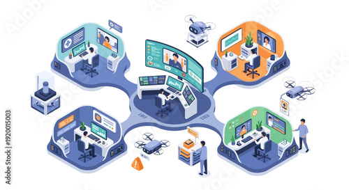 Isometric illustration of people working in a collaborative office environment with multiple workstations and technology.