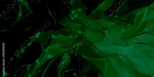 Abstract Green Geometric Low-Poly Background With Dark Folded Surfaces And Glossy Texture