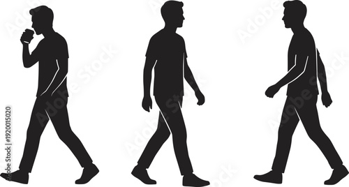 Young man walking silhouette set, casual male side view motion isolated vector illustration collection