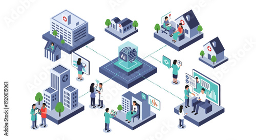 Isometric illustration of people interacting with technology and buildings.