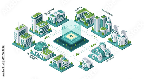 Isometric illustration of a futuristic cityscape with green roofs and modern architecture.
