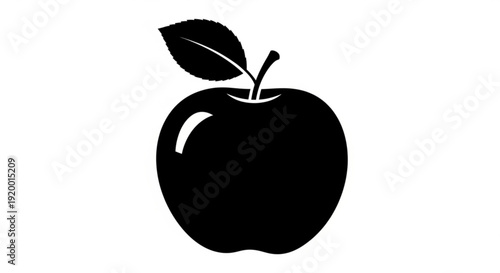 A simple black apple silhouette with a leaf on a plain background